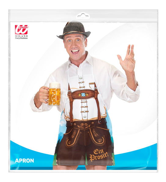 Verpakking van het Tiroler schort Lederhose Alex van Widmann met afbeelding van het schort