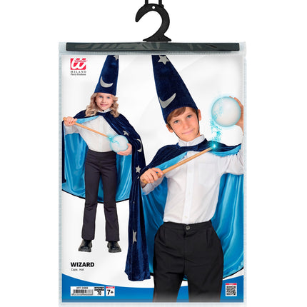 Verpakking van de tovenaars cape voor kinderen met cape en hoed, lengte 70 cm