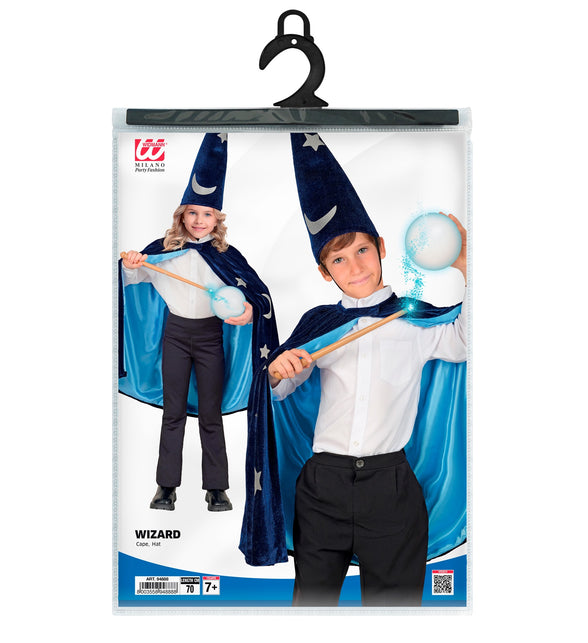 Verpakking van de tovenaars cape voor kinderen met cape en hoed, lengte 70 cm