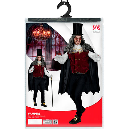 Verpakking vampier pak Donny met shirt, vest, jabot en cape in herenmaten M tot XXL
