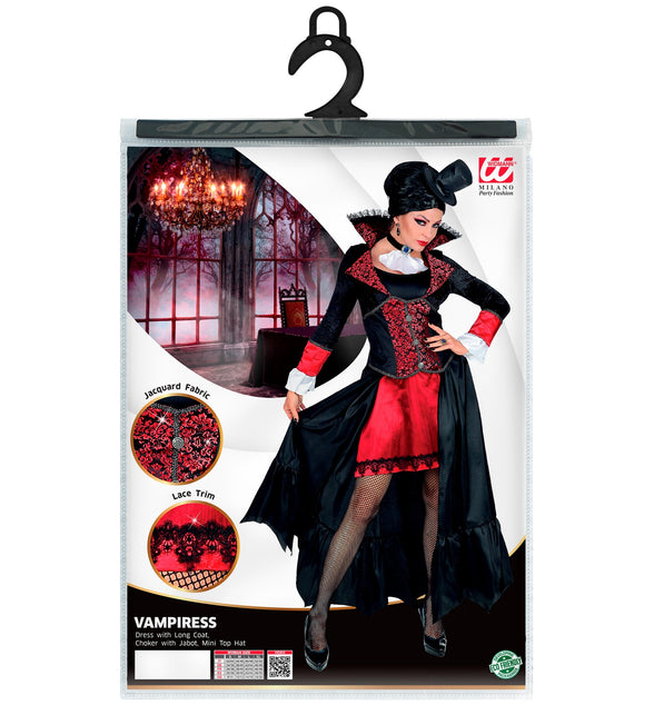 Verpakking vampieren kostuum Sofia dames met jurk, lange jas, choker met jabot en mini-hoed