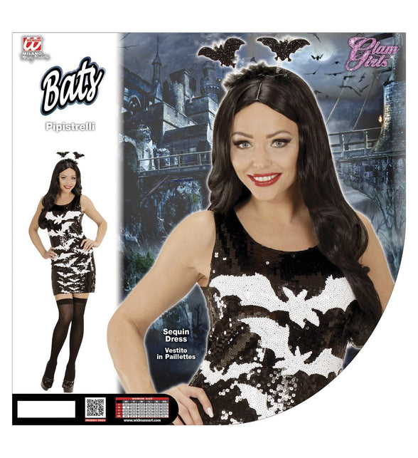 Verpakking van het vleermuis jurkje pailletten Debbie met maattabel van Widmann