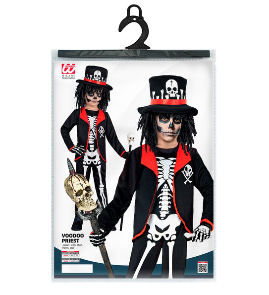 Verpakking Voodoo Priester kostuum met jasje, shirt, broek en hoed in kindermaten