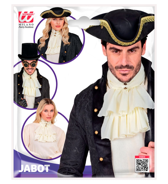Verpakking van de witte jabot met ruches, met voorbeelden van piraten- en steampunklooks voor een themafeest