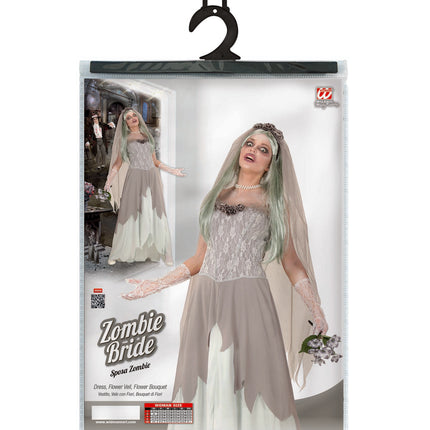 Verpakking zombie bruid pakje met jurk, bloemensluier en bouquet en maattabel S tot XL
