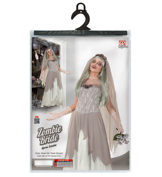 Verpakking zombie bruid pakje met jurk, bloemensluier en bouquet en maattabel S tot XL