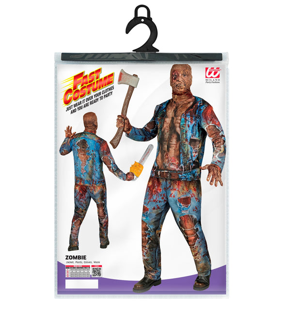 Verpakking van het zombie kostuum heren Hans met jas, broek, handschoenen en masker