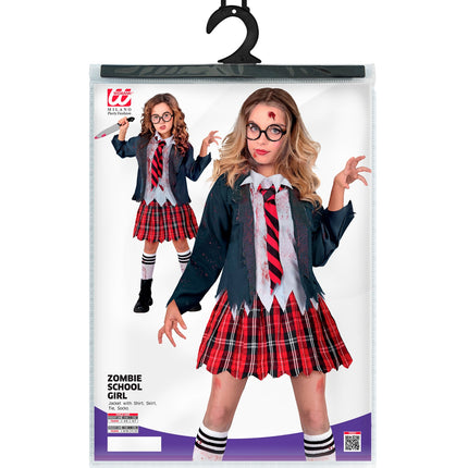 Verpakking van het zombie schoolmeisje kostuum met kindermaten 116 tot 158 cm