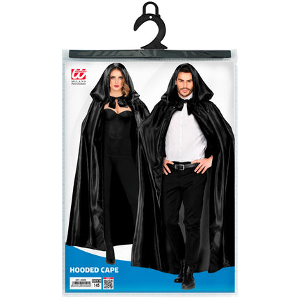 Verpakking van de zwarte cape met capuchon van Widmann met hanger en lengte-aanduiding