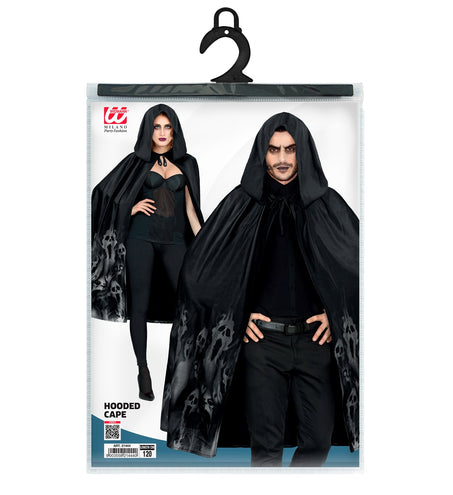 Verpakking van de zwarte cape met capuchon van Widmann, lengte 120 cm