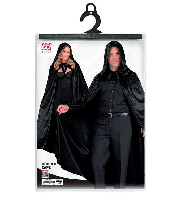 Verpakking van de zwarte fluwelen cape met kap, lengte 140 cm, van Widmann