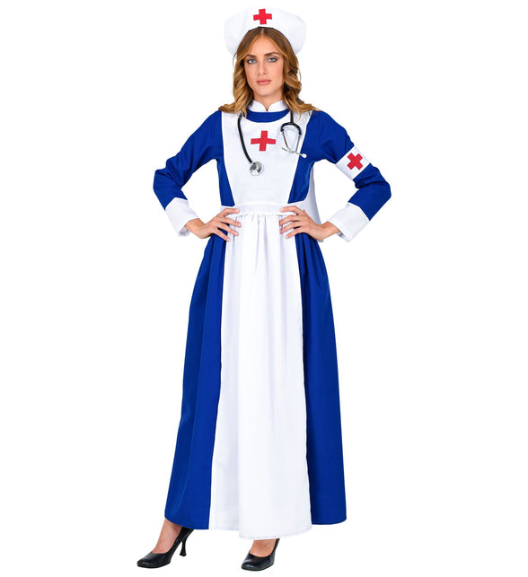 Verpleegster jurk blauw met wit schort, rode kruizen en wit kapje, damespak voor carnaval