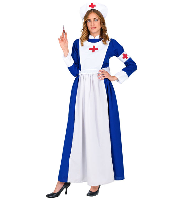 Verpleegster jurk blauw met witte manchetten en armband met rood kruis, gedragen door model