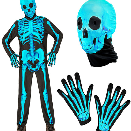 Vierdelig neon skeletkostuum kind met jas, broek, blauw schedelmasker en skelethandschoenen