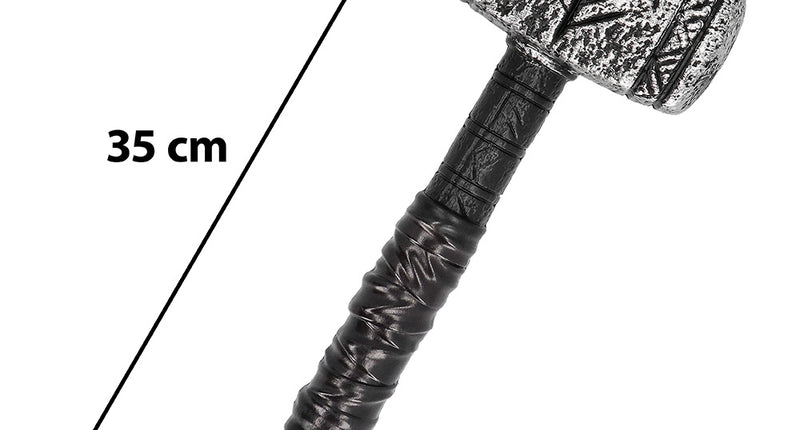 Viking power hamer van 35 cm met zilvergrijze runenkop en zwart omwikkelde steel met ring