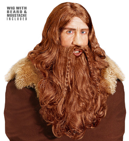 Viking pruik met baard en snor blond, langharig met gevlochten baard, voor een themafeest