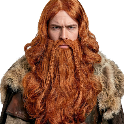 Vikingbaard met dunne vlechtjes en snor, in koperkleurig roodblond polyesterhaar