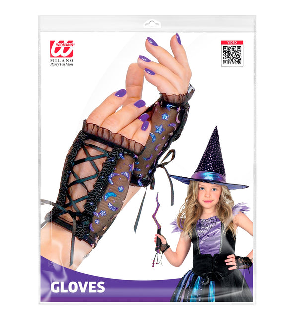 Vingerloze handschoenen heks meisjes in verpakking, zwart mesh met blauw-paarse sterrenprint