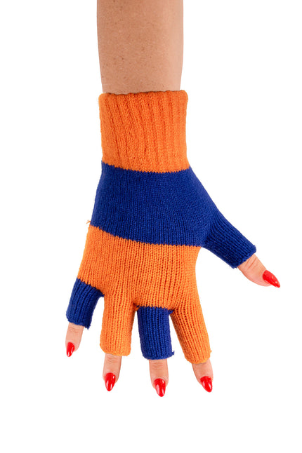 Vingerloze handschoenen oranje blauw met gebreide ribboord en blauwe banen over de handrug, voor Koningsdag