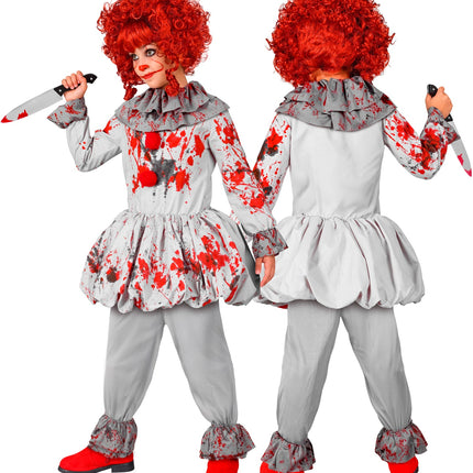 Vintage killer clown kostuum kind gedragen met rode pruik en clownsschmink