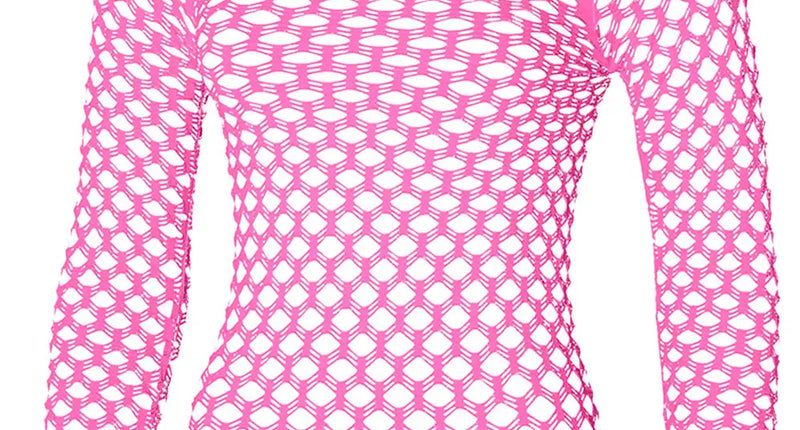 Visnet shirt dames roze met lange mouwen en grote mazen, vooraanzicht