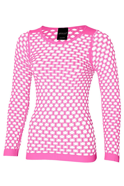 Visnet shirt dames roze met lange mouwen en grote mazen, vooraanzicht