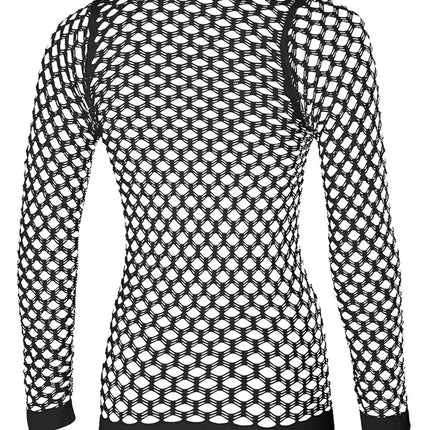 Visnet shirt dames zwart achterzijde met doorlopend netpatroon en geribde zoom