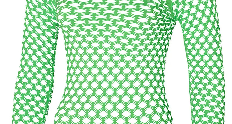 Visnet shirt groen dames met lange mouw en grove mazen, voorkant