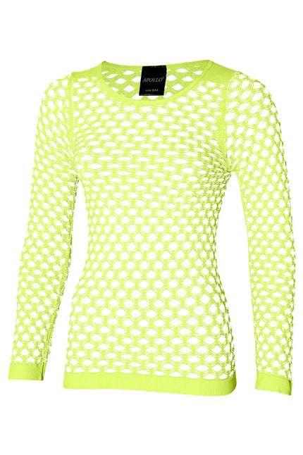Visnetshirt dames neongeel met lange mouwen en grote mazen, voor een discofeest