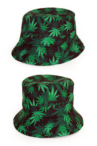 Vissershoedje wietblad in groentinten op zwart, bucket hat van voor en achter, voor een foute party