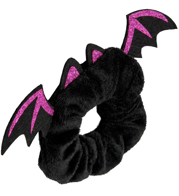 Vleermuis scrunchie meisjes van zwarte plüsch met viltvleugels en roze glitterlijnen