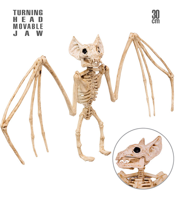 Vleermuis skelet van 30 cm met uitgespreide vleugels, draaibare kop en beweegbare kaak