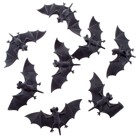 Vleermuizen set voor Halloween, acht zwarte vleermuizen van 10 cm met geribbelde uitgespreide vleugels