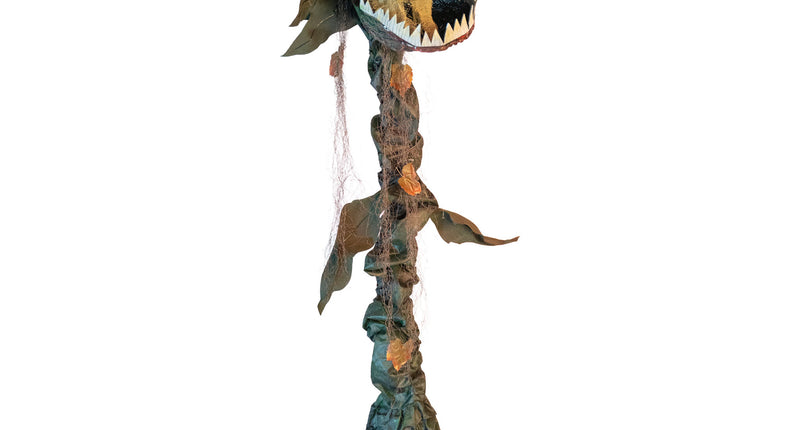 Vleesetende plant animatronic van 205 cm met groene kop, spitse tanden en bladeren langs de stam