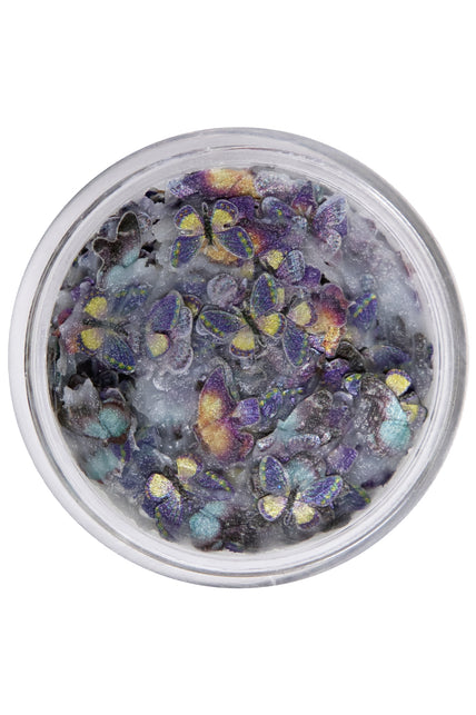 Vlinderglitters in wax in doorzichtig potje met paarse, gele en blauwgroene vlindertjes