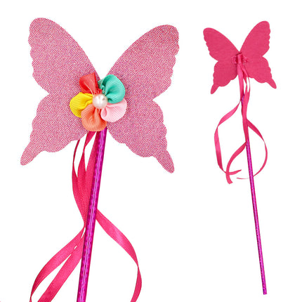 Vlinderstaf uit de eenhoorn verkleedset met lintbloem, pareltje en roze linten, voor- en achterkant