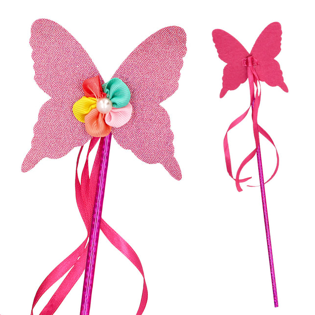 Vlinderstaf uit de eenhoorn verkleedset met lintbloem, pareltje en roze linten, voor- en achterkant