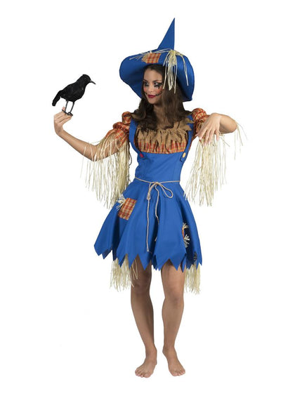 Vogelverschrikker jurkje dames in blauw met oranje geruite blouse, strofranjes en punthoed voor carnaval
