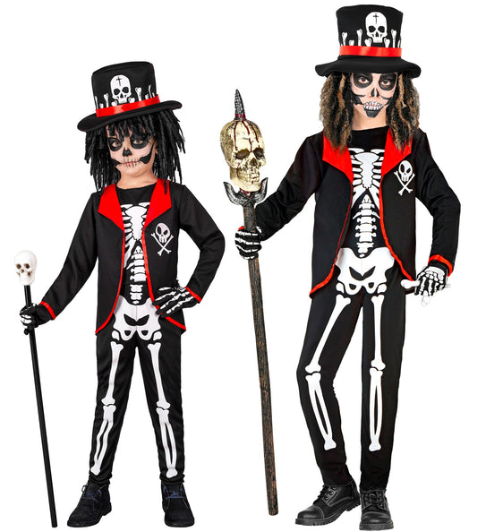 Voodoo Priester kostuum kinderen in zwart-wit met rode biezen, twee maten naast elkaar voor Halloween