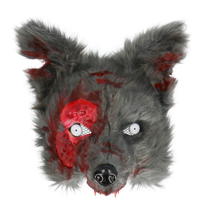 Vooraanzicht van het pluchen weerwolfmasker met staande oren, zwarte neus en witte ogen