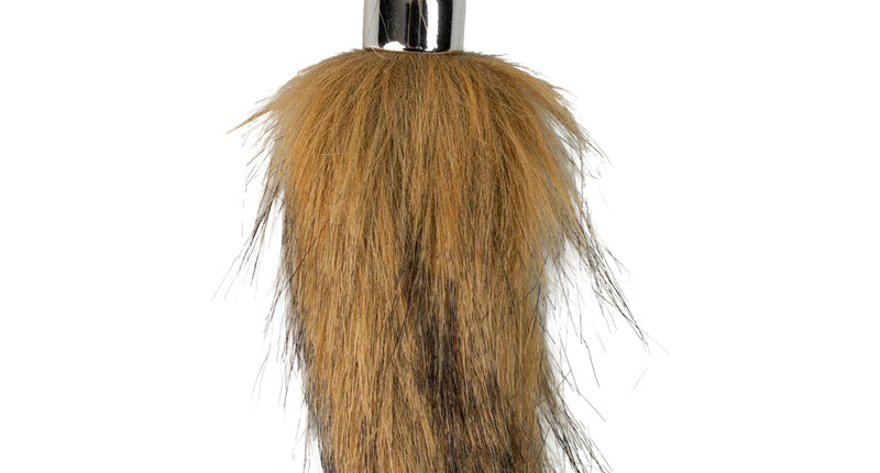Vossenstaart klein 10 cm van bruin namaakbont met zilverkleurige kap, sleutelring en karabijnhaak