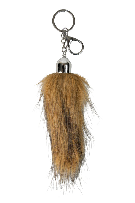 Vossenstaart klein 10 cm van bruin namaakbont met zilverkleurige kap, sleutelring en karabijnhaak