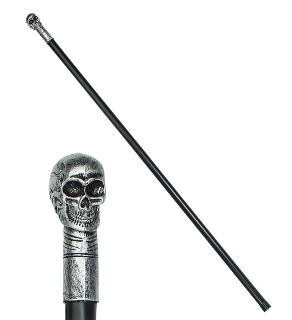 Wandelstok met schedel, zwarte schacht met zilverkleurige doodshoofdknop, 75 cm, voor Halloween