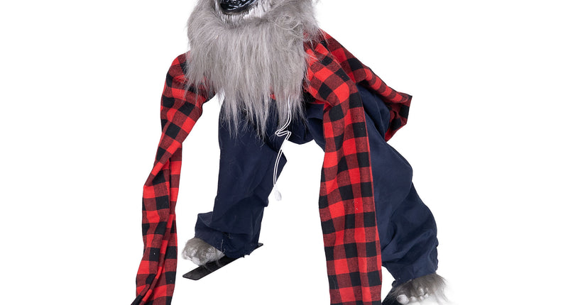 Weerwolf animatronic 73 cm in kruipende houding met grijze vacht en rood oplichtend oog voor Halloween