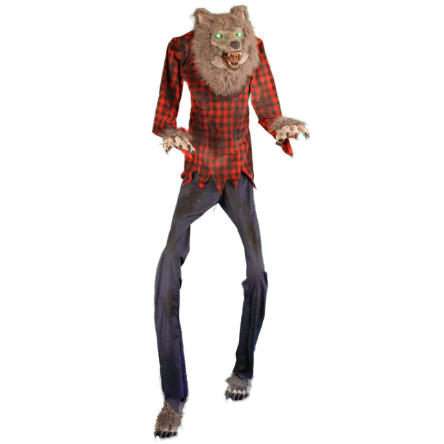Weerwolf decoratie 200 cm met groen oplichtende ogen, rood geruit hemd en harige klauwen voor Halloween