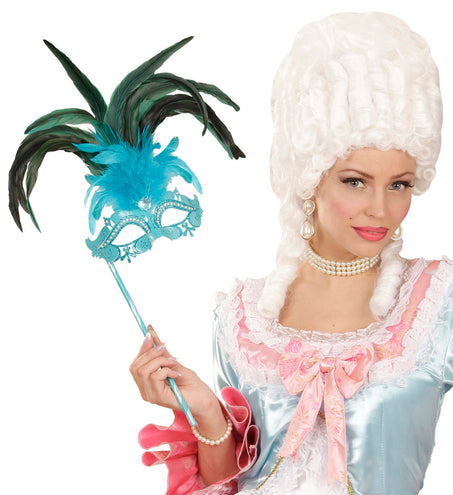 Widmann SRL Azur blauwe oogmasker met veren op stokje