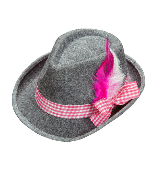 Beierse fedora met roze veren, grijze hoed met roze-wit geruit lint en strik voor Oktoberfest