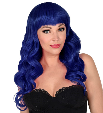 Widmann SRL Blauwe pruik met pony en krullend haar