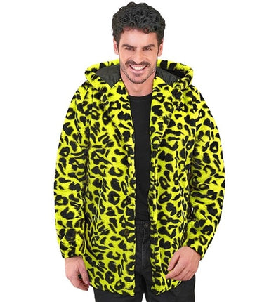 Widmann SRL Bontjas met muts pluche luipaard neon geel Siem