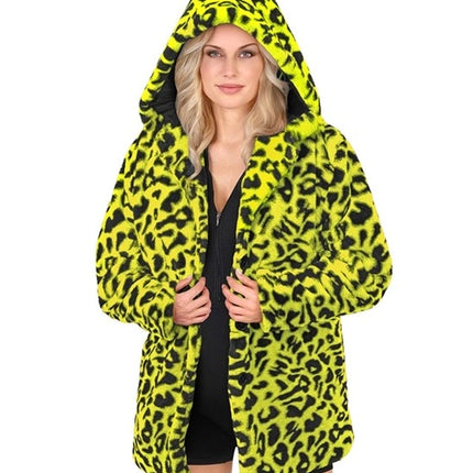 Widmann SRL Bontjas met muts pluche luipaard neon geel Siem